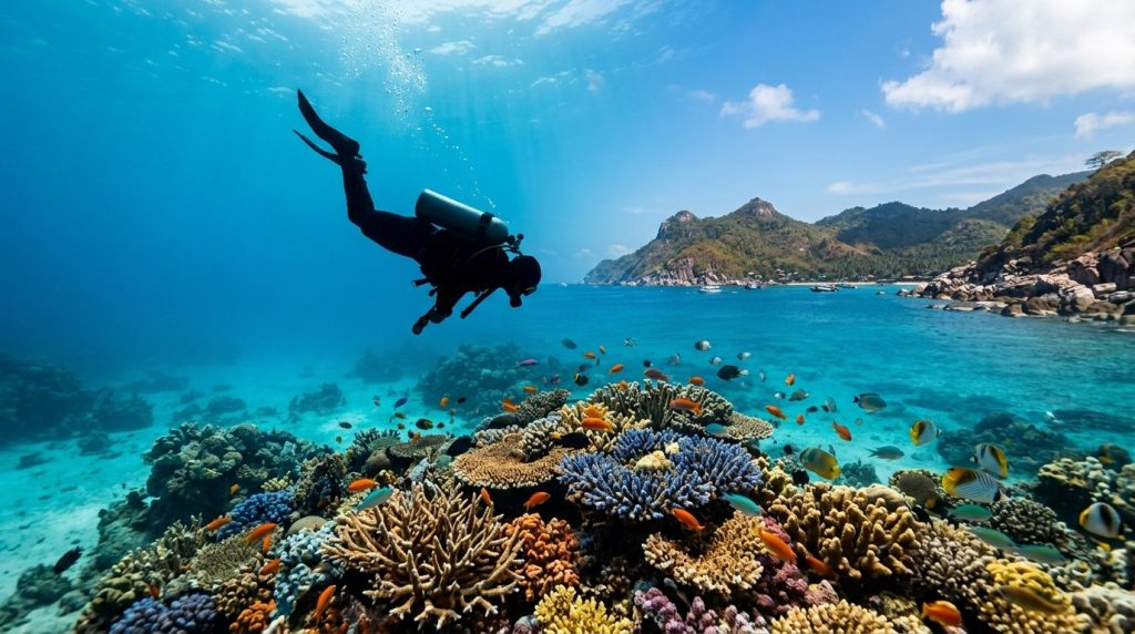 Diver descending over a coral reef near Koh Tao's coastline