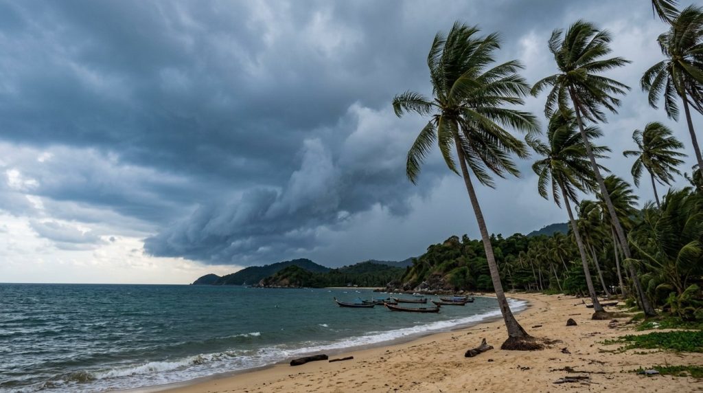 Palm trees over a quiet Koh Samui beach under rain clouds