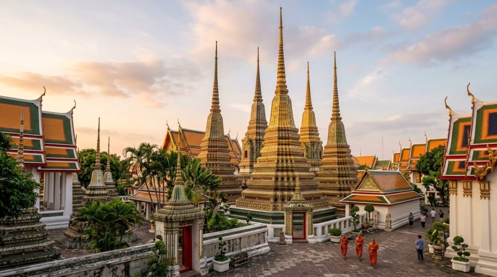 Golden spires of the Wat Pho temple complex in Bangkok