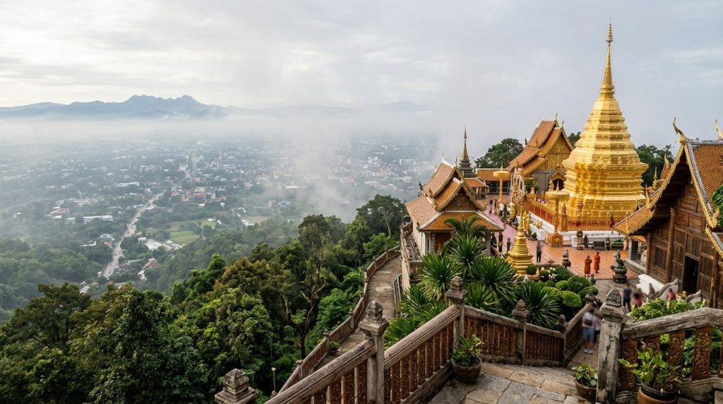Misty mountain temple at Doi Suthep overlooking Chiang Mai