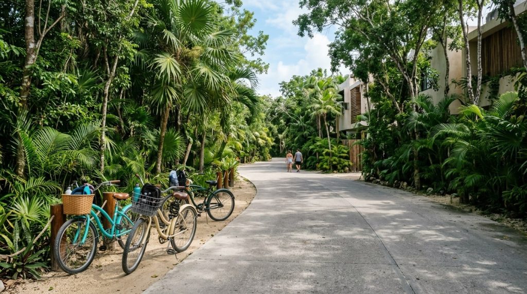 Quiet jungle-lined street with bicycles in Aldea Zama, Tulum