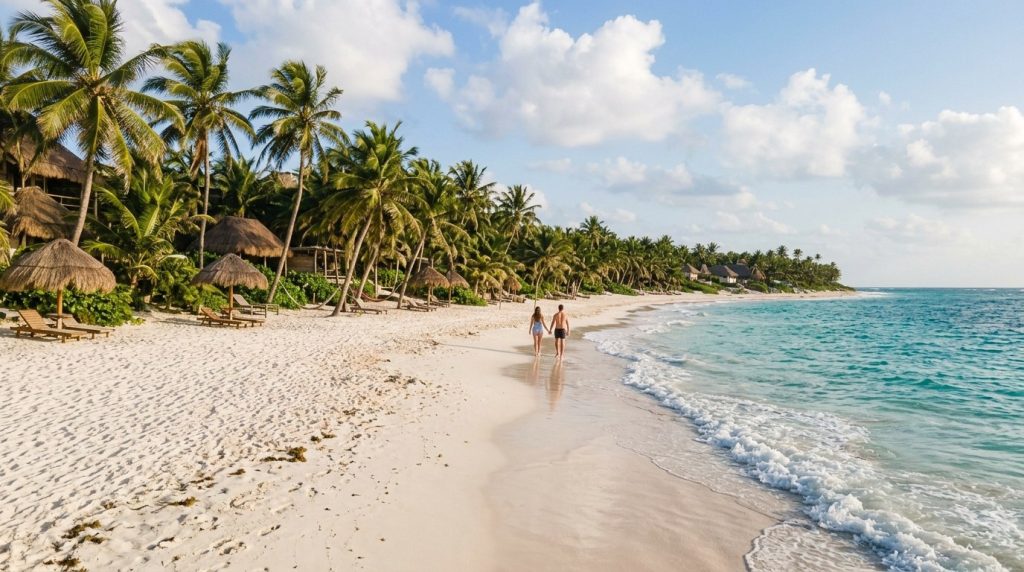 Palm-fringed white sand beach along Tulum's beach Hotel Zone