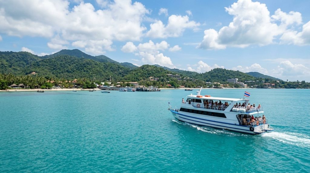 Passenger ferry crossing turquoise water toward Koh Samui, Thailand