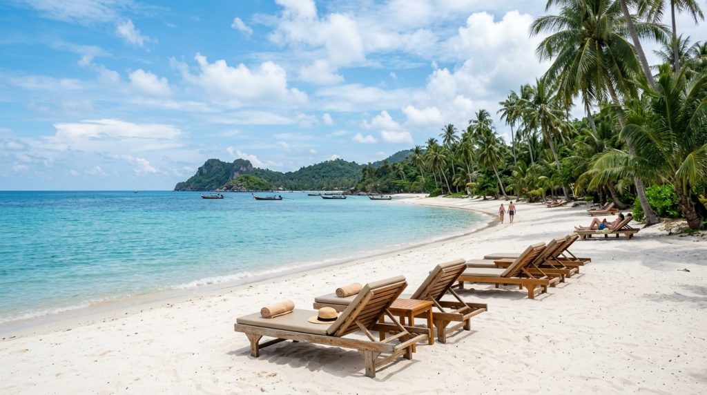 Palm-lined white sand beach with wooden loungers on Koh Samui