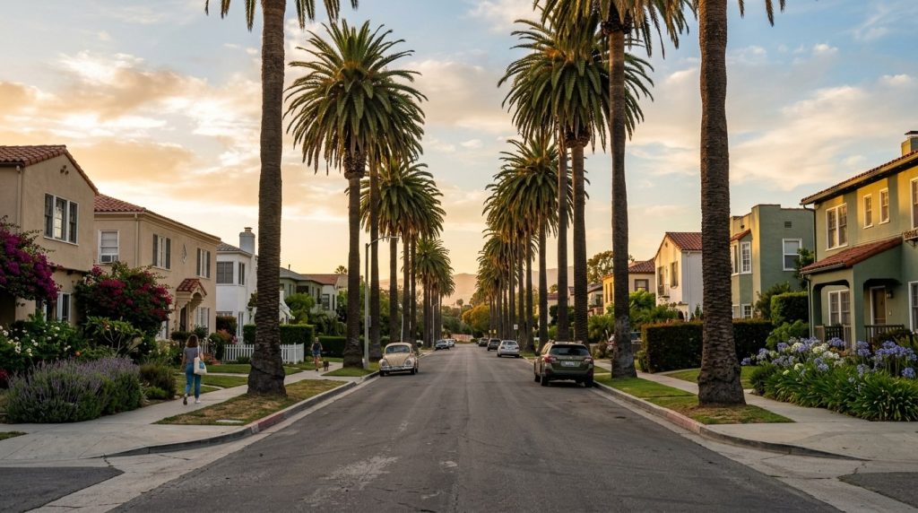Palm trees lining a quiet residential street in Santa Monica