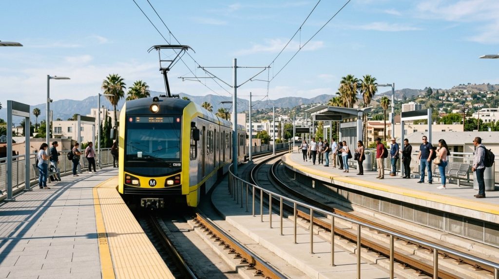 Los Angeles Metro train arriving at a sunlit station platform