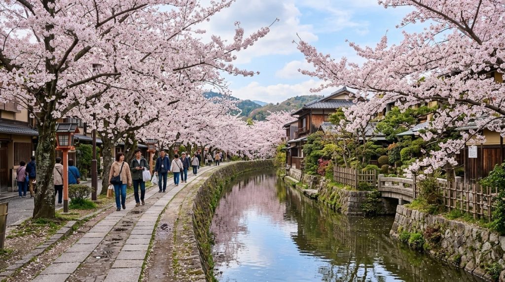 Cherry blossom trees blooming along a canal path in Kyoto
