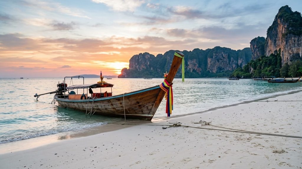 Longtail boat moored on a white sand beach in Krabi