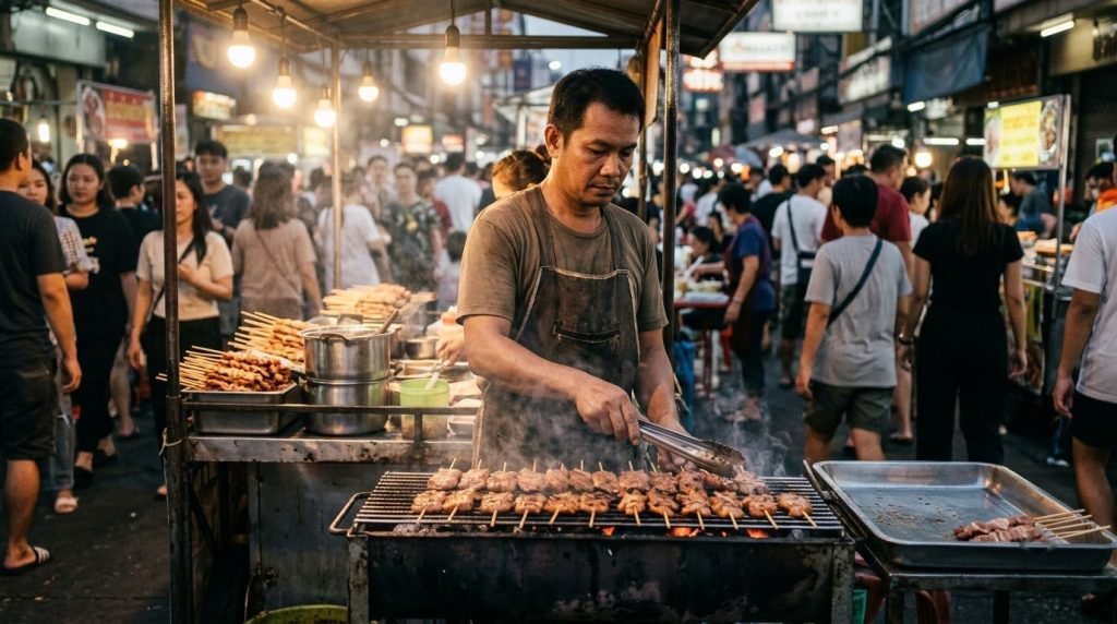 Street food vendor grilling skewers at a night market stall in Bangkok