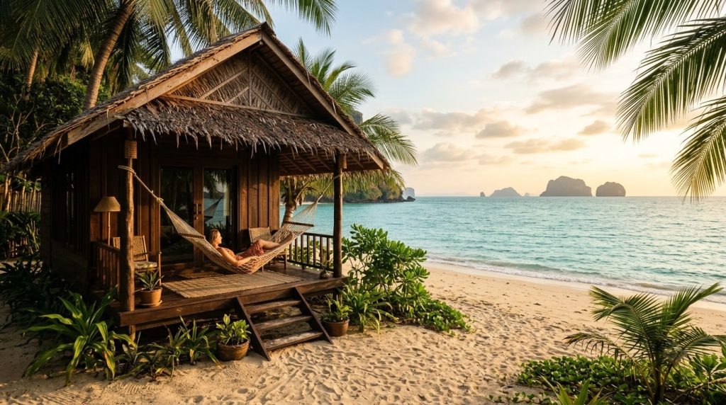 Beachfront bungalow with a hammock on a quiet Thai island beach