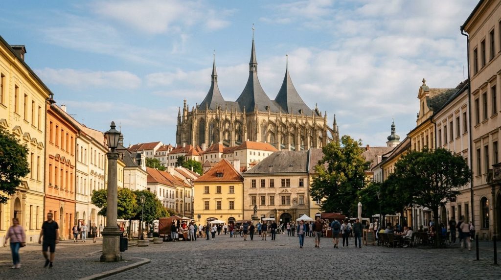 Gothic spires of St. Barbara's Cathedral rising above Kutná Hora