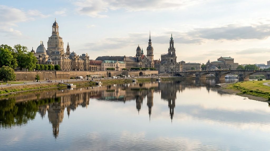 Baroque Dresden skyline reflected in the Elbe River afternoon light