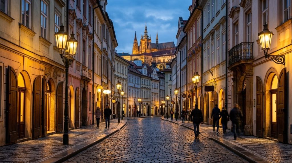 Cobblestone street in Prague's historic center lit by streetlamps