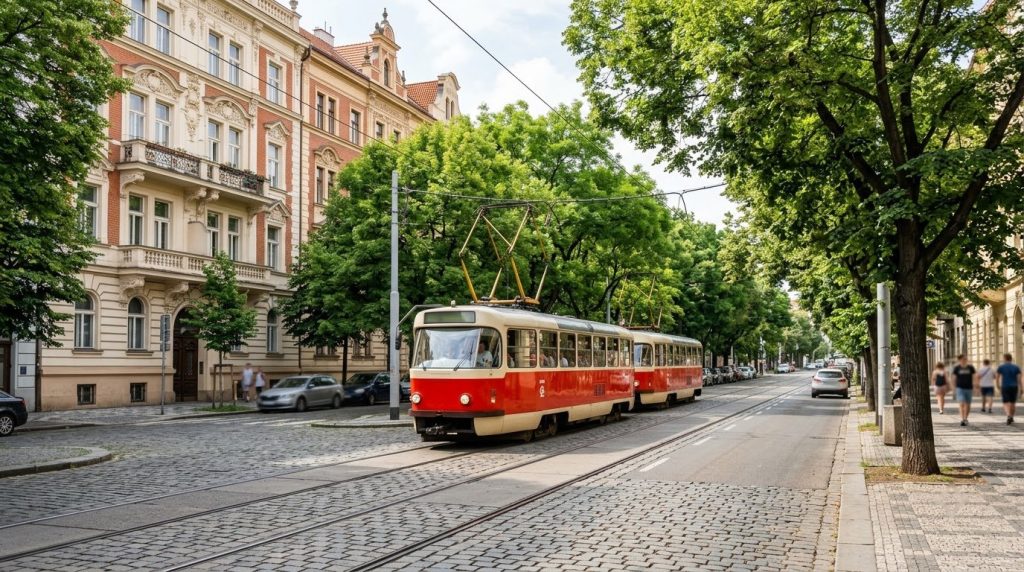 Tram on a tree-lined street in Vinohrady, Prague