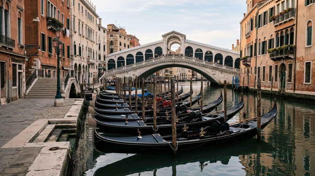 Gondolas moored along a canal near the Rialto Bridge
