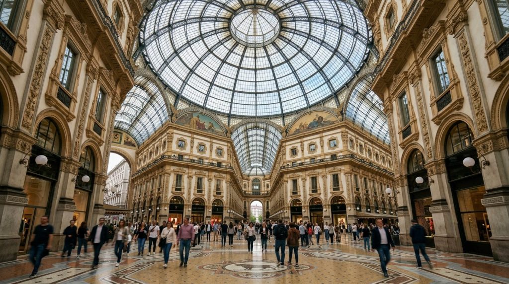 Glass-domed Galleria Vittorio Emanuele II arcade in central Milan