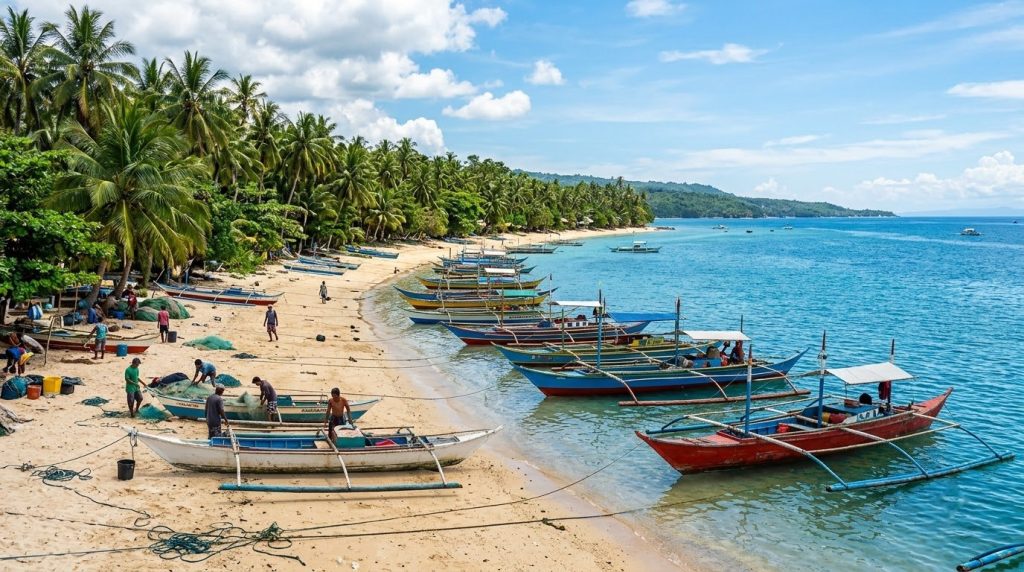 Fishing boats docked along a palm-fringed shoreline in Moalboal, Cebu