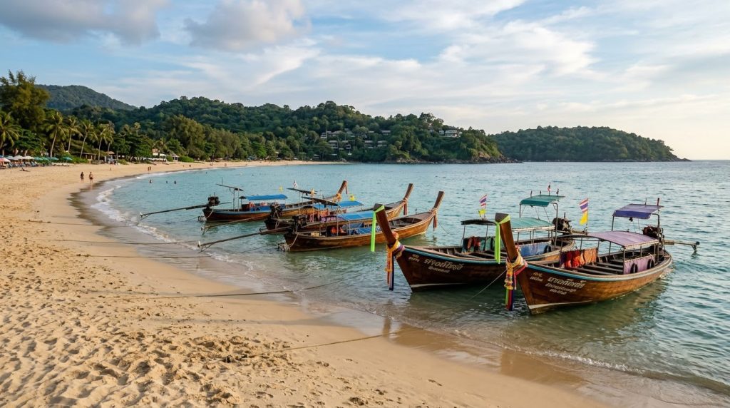 Calm sandy beach with longtail boats at Kata Beach, Phuket