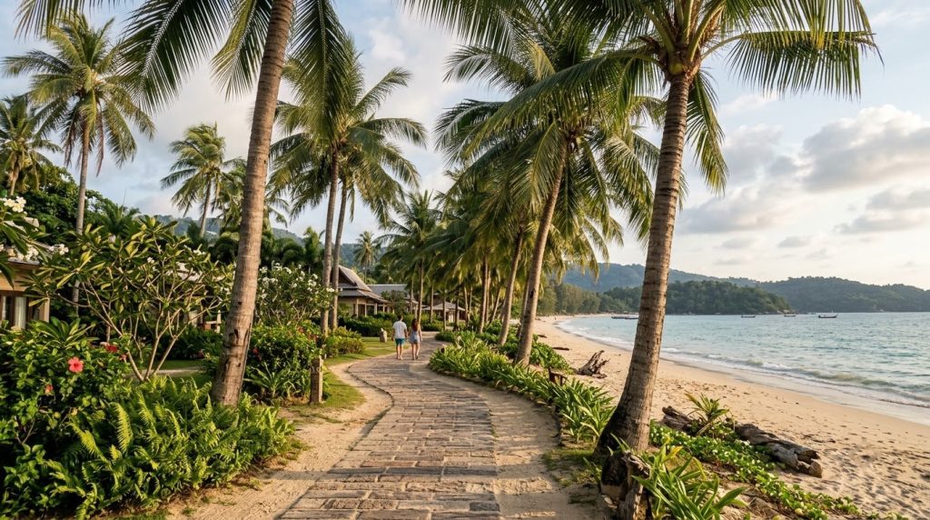 Beachfront resort path lined with palm trees at Kamala Beach, Phuket