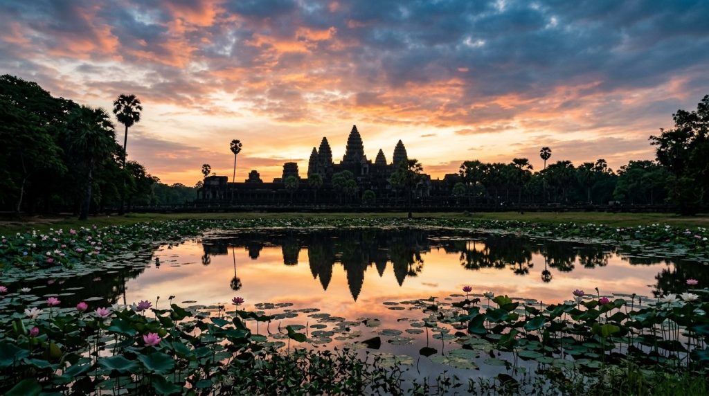 Angkor Wat's towers reflected in a lotus pond at sunrise