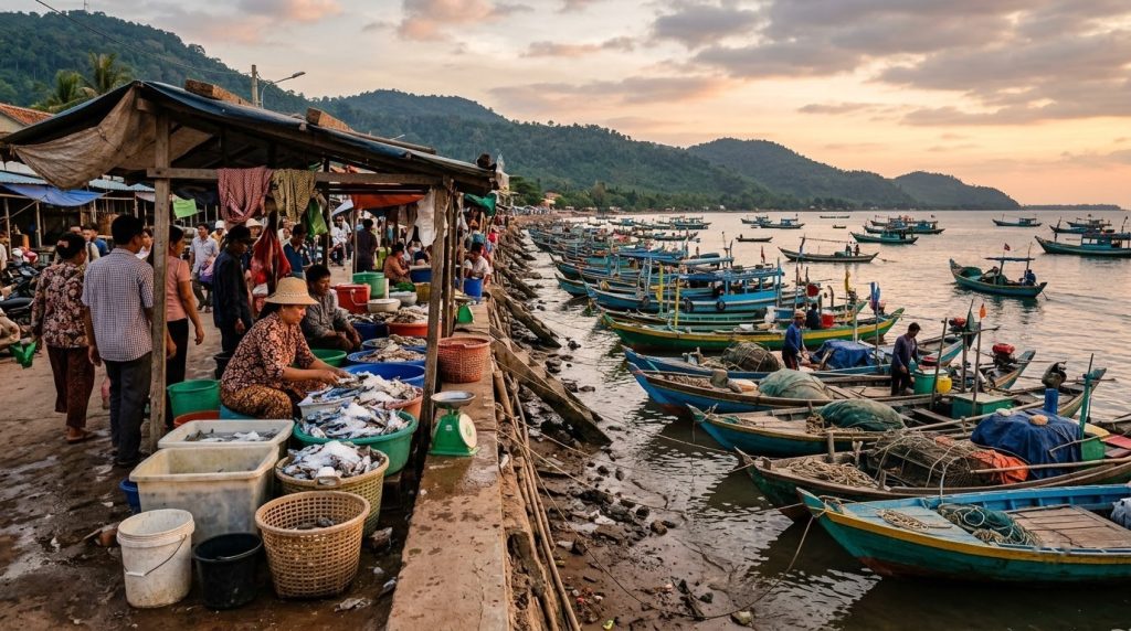 Fishing boats and a crab market stall along the waterfront in Kep