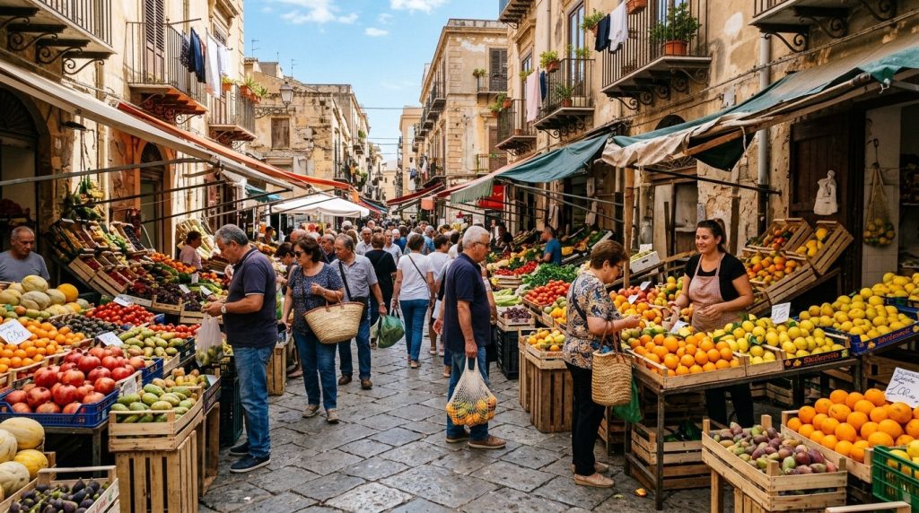 Bustling outdoor market street with fruit stalls in Palermo, Sicily