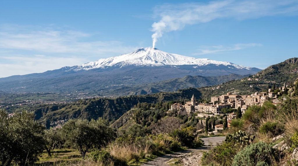 Mount Etna's snow-capped summit with a thin smoke plume in Sicily