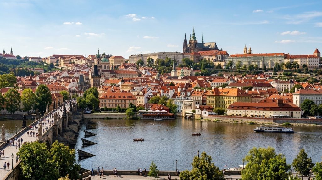 Prague Castle and red rooftops across the Vltava River