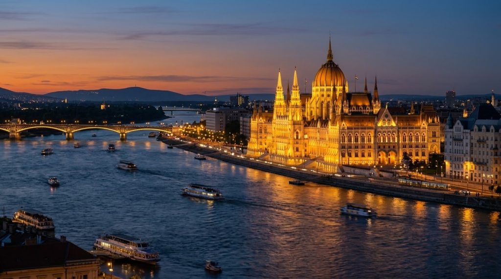 Hungarian Parliament Building lit at dusk along the Danube River