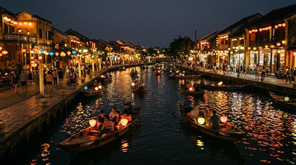 Wooden boats drifting along the lantern-lit canal in Hoi An