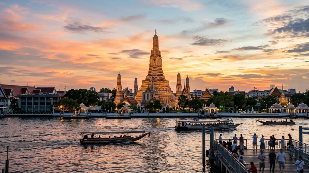 Wat Arun temple on the Chao Phraya riverbank in Bangkok at sunset