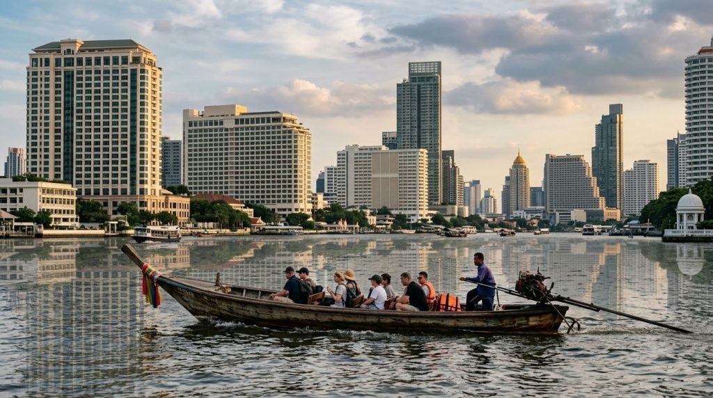 Long-tail boat on the Chao Phraya River past riverside hotels in Bangkok