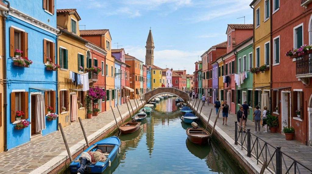 Colorful fishermen's houses lining a canal on Burano island