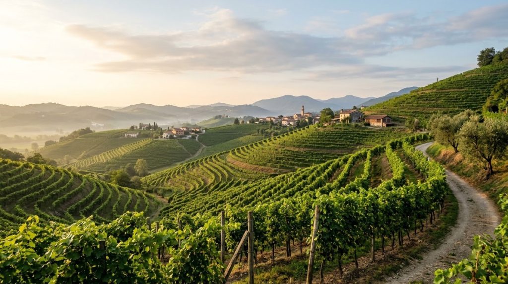 Rolling vineyard hills under soft light in Italy's Prosecco region