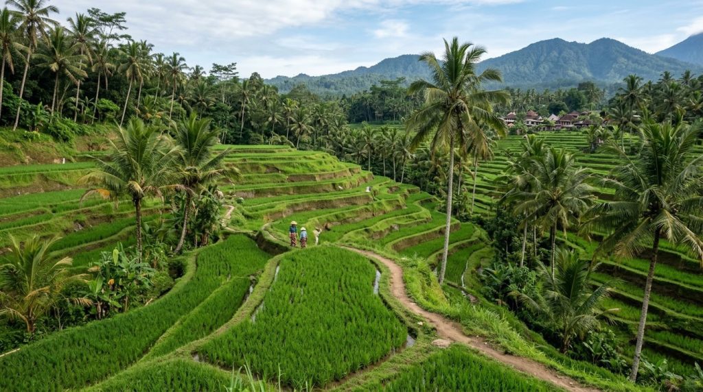 Terraced green rice fields with palm trees near Ubud