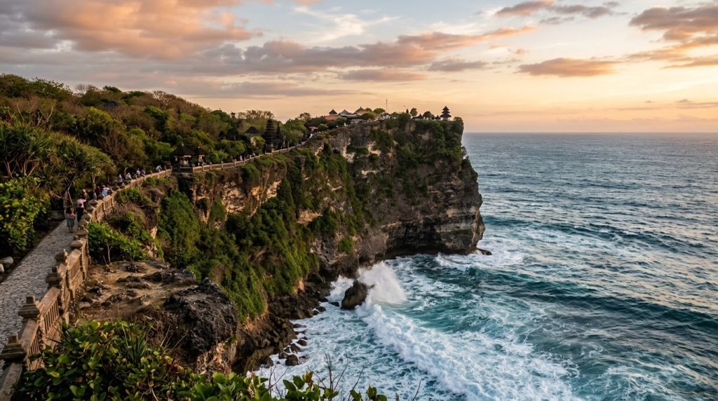Cliffside Uluwatu Temple above crashing waves in Bali