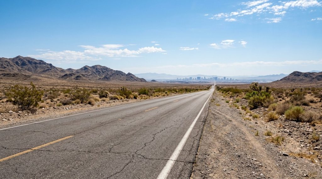 Heat haze over an empty desert road outside Las Vegas at midday