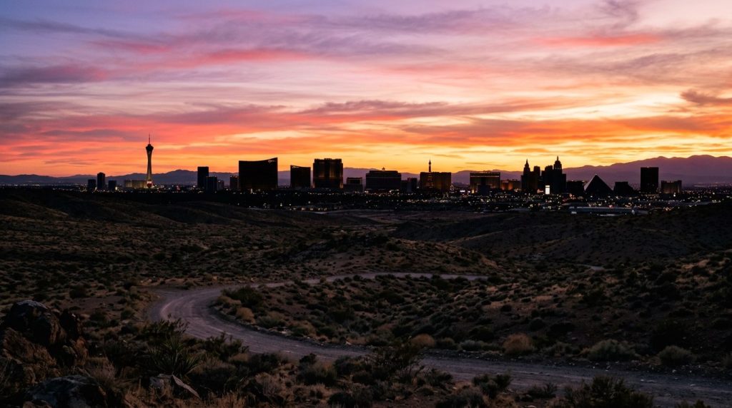Las Vegas Strip skyline silhouetted against a desert sunset