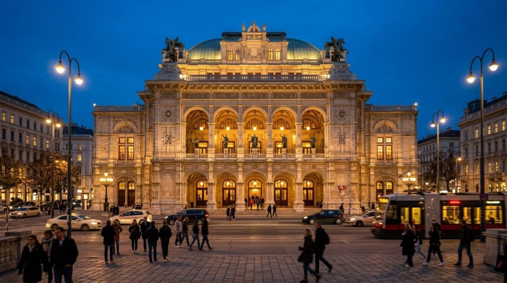 Vienna State Opera House facade lit in the evening