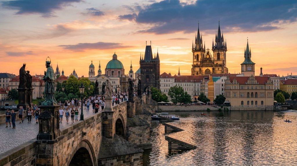 Charles Bridge and Prague's old town skyline at sunset