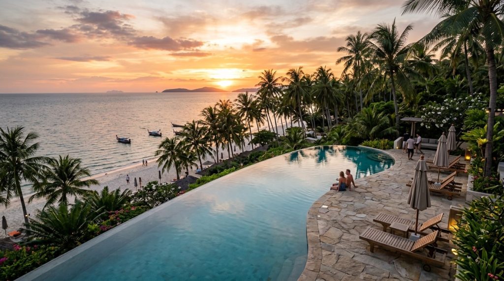 Resort pool overlooking a palm-fringed beach on Koh Samui