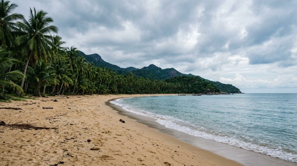 Quiet beach lined with coconut palms on Koh Phangan's north coast