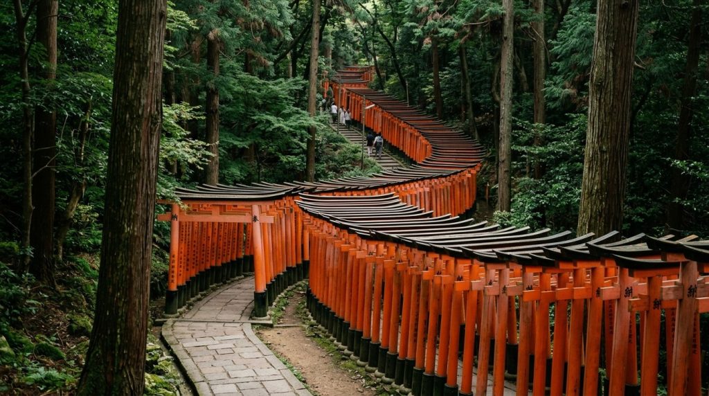 Rows of torii gates winding up the hillside at Fushimi Inari