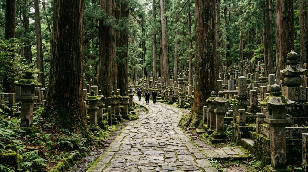 Stone path leading through tall cedar trees at Mount Koya