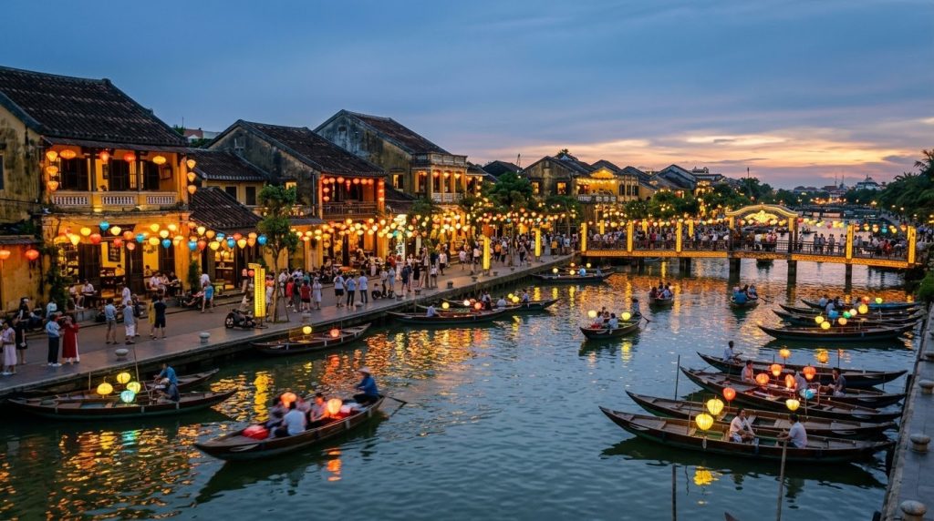 Lanterns hanging over the riverside ancient town of Hoi An