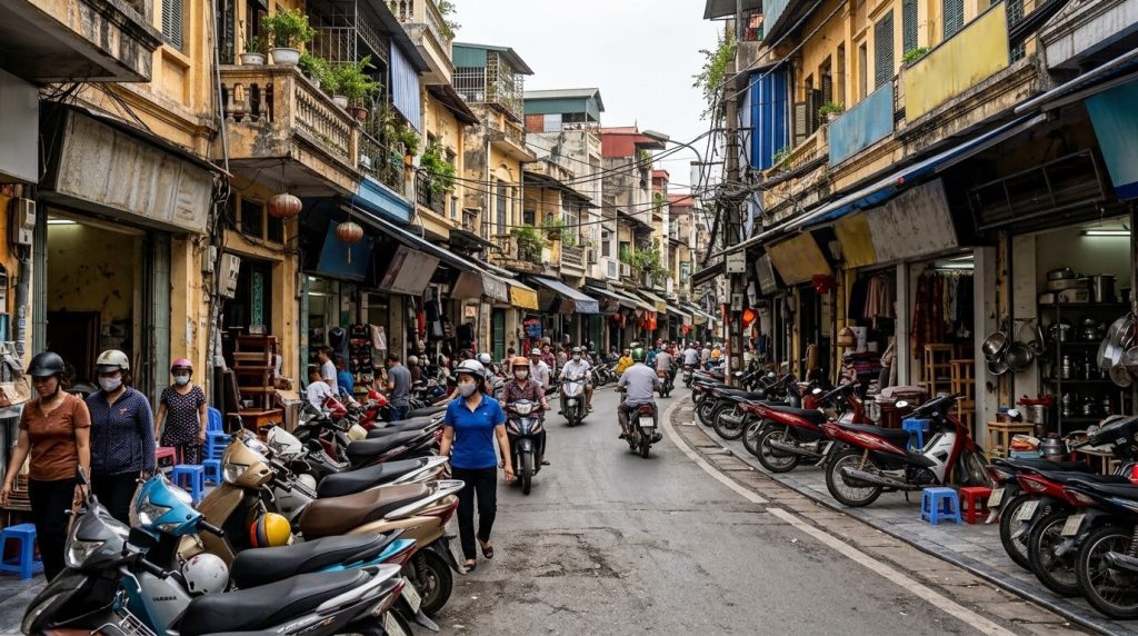 Old Quarter street lined with motorbikes and shophouses in Hanoi