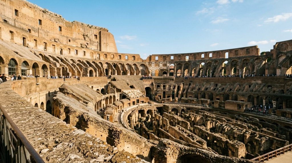 Ancient Colosseum arena walls under afternoon sun in Rome