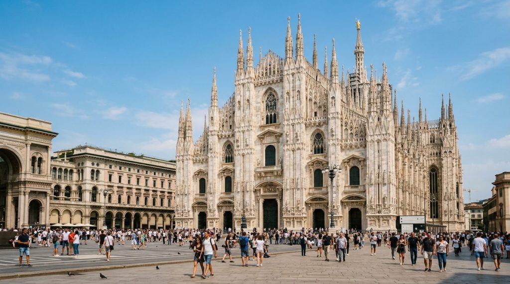 Milan Cathedral's white marble spires above the central piazza