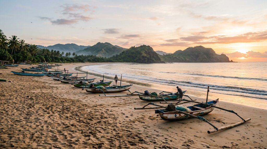 Quiet Kuta Lombok coastline with fishing boats resting on sand