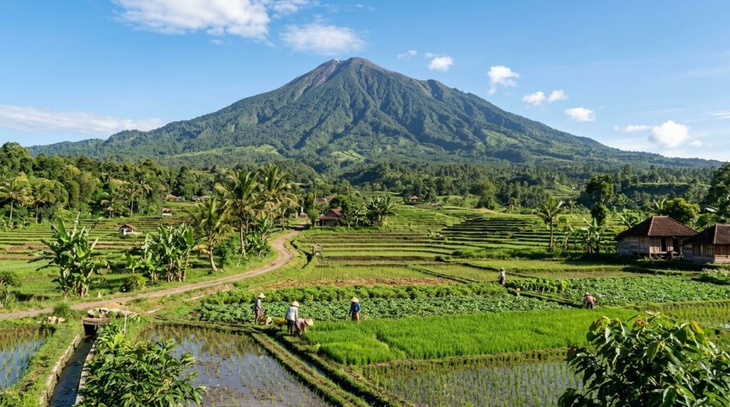 Green slopes of Mount Rinjani rising above farmland in Lombok